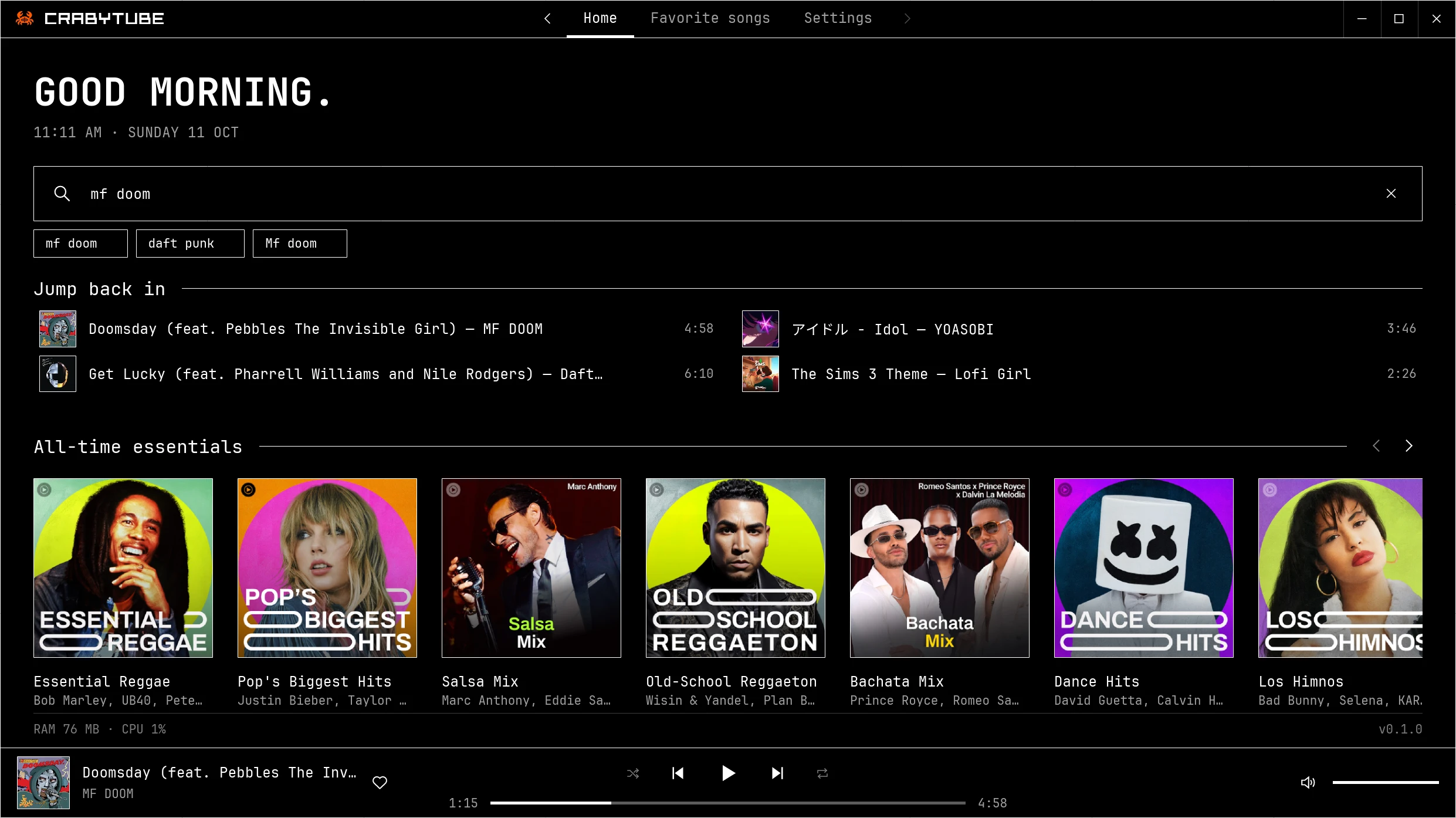 CrabyTube home screen with search, recent tracks and playlists