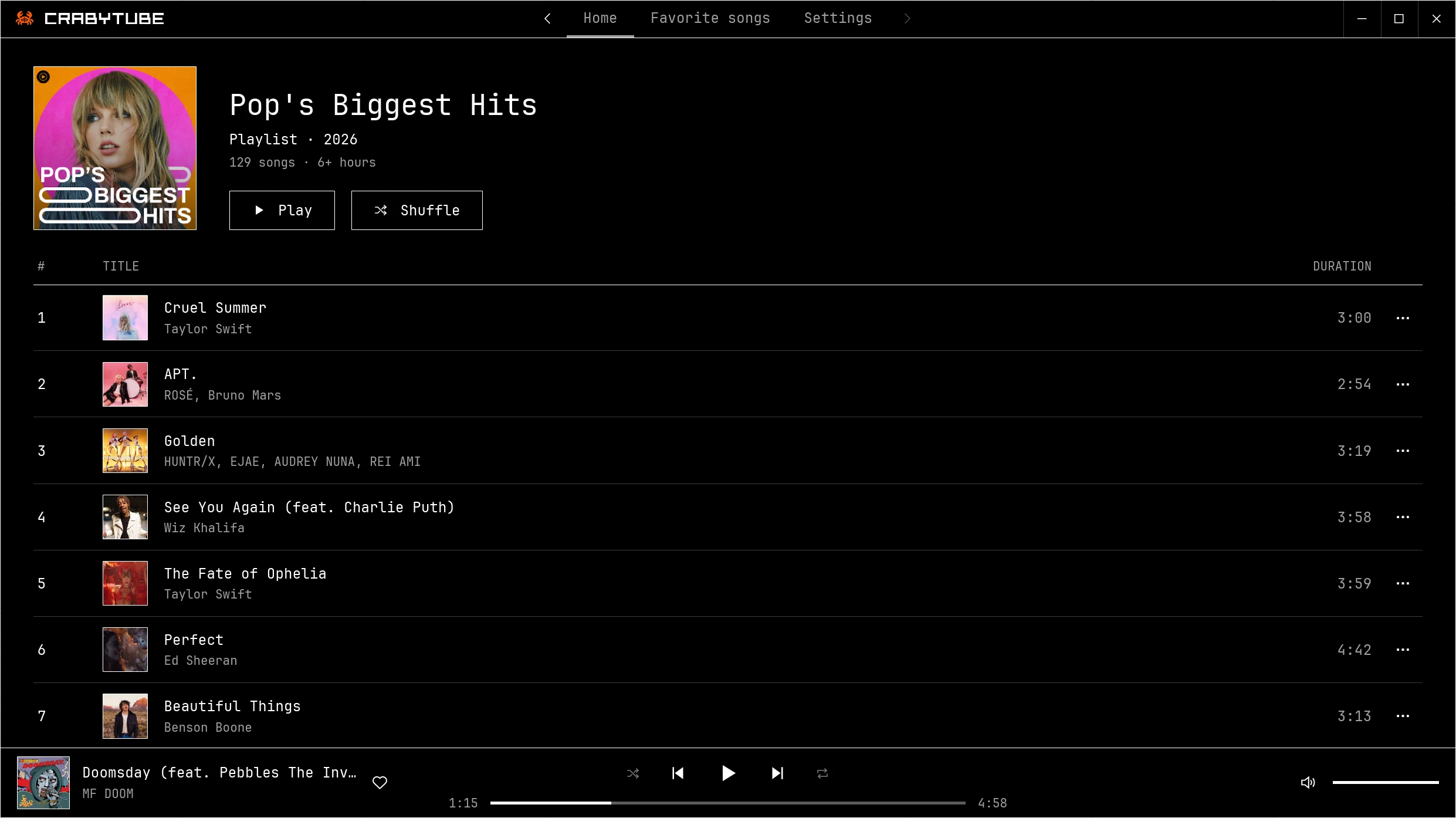 A playlist in CrabyTube